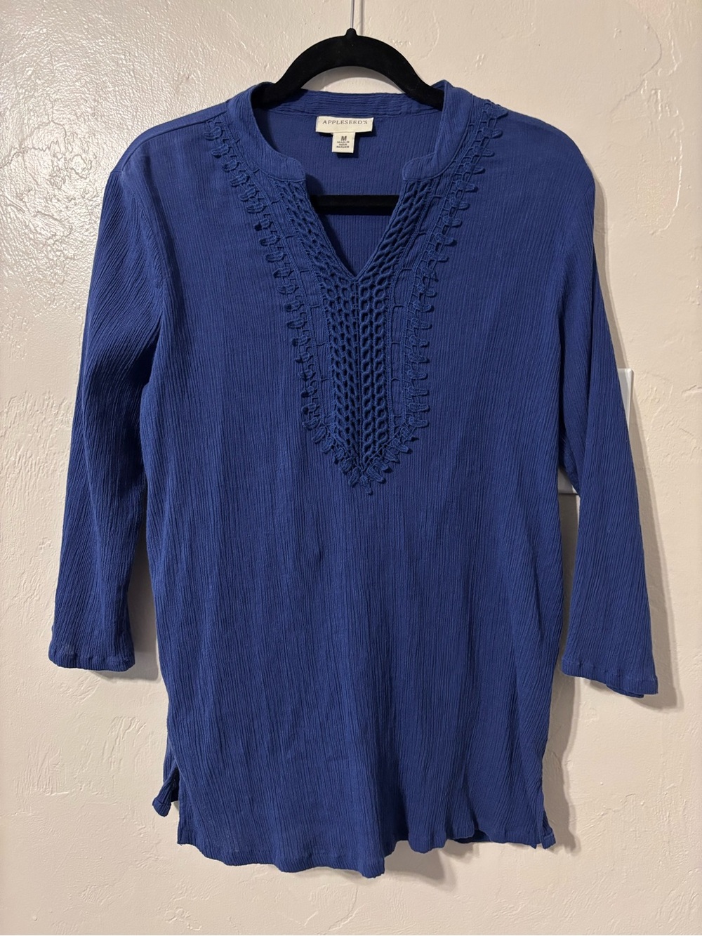 Appleseed Blue Crochet V-Neck Tunic Top 100% Cotton Medium